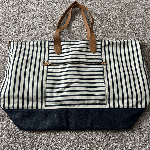 Universal Thread Handbags - Striped Canvas Tote Bag with Tan Handles